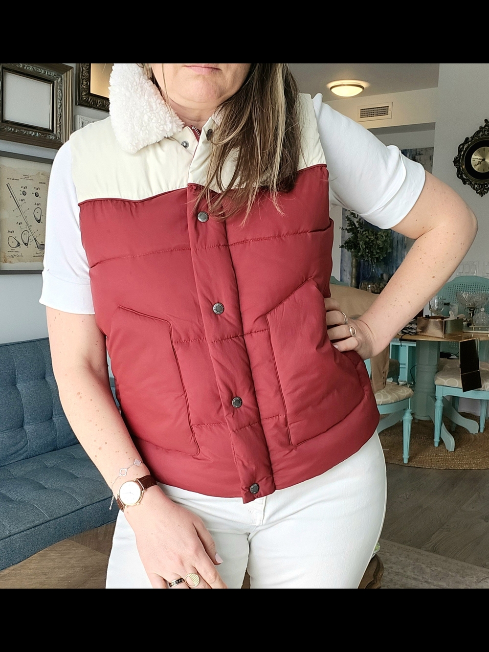 Levis Red Quilted Puffer Vest with Cream Sherpa Yoke